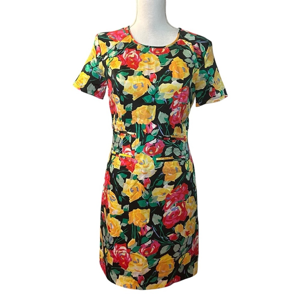 Valentino Roma 100% Silk Short Sleeve Floral Rose Print Sheath Back Zip Dress